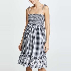 Tory Burch Navy and White Gingham Smocked Midi Dress